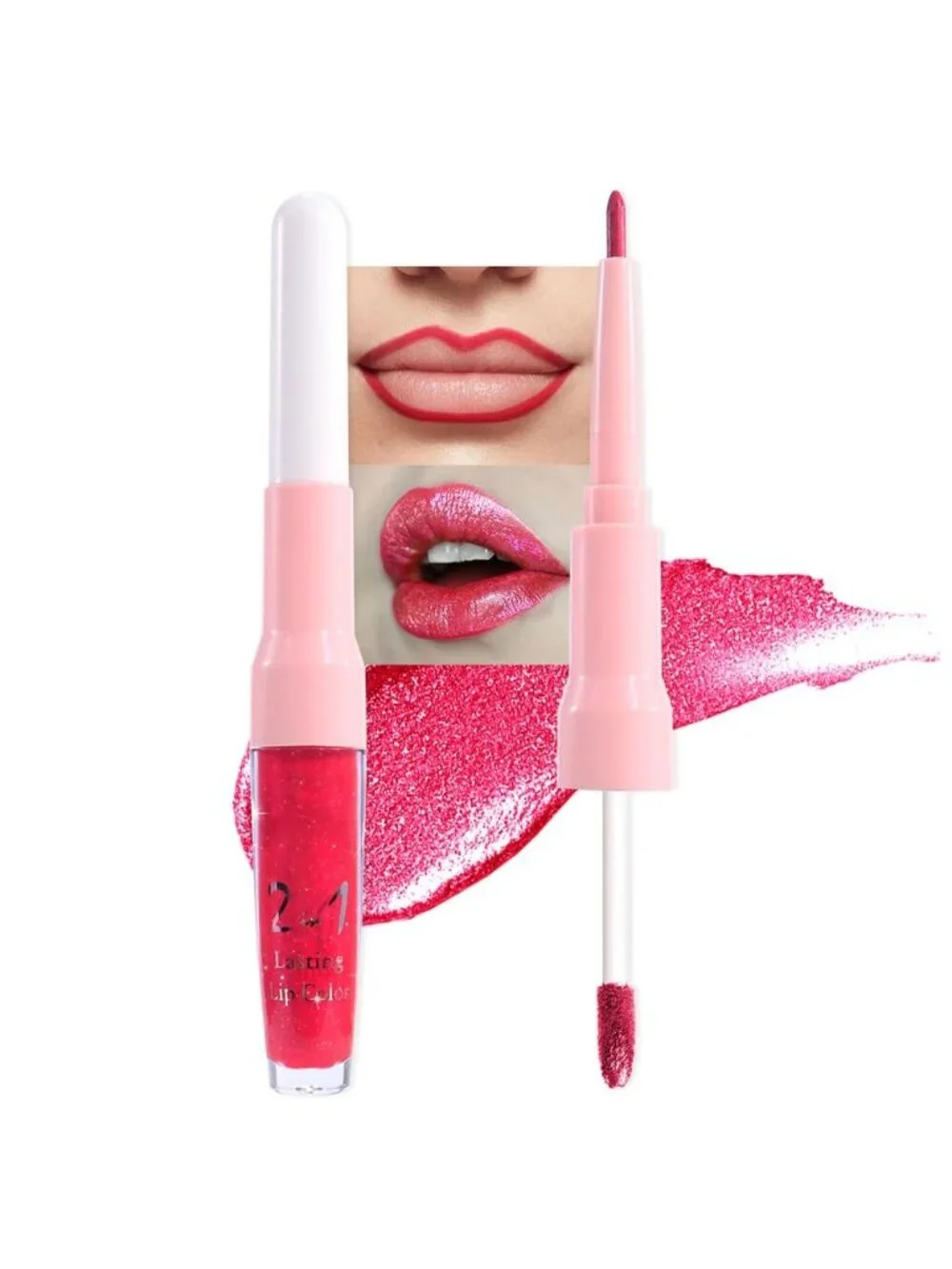 Women's 18# Crushed Ruby Red-Metallic 2-in-1 Long Lasting Lipstick And Lip Liner